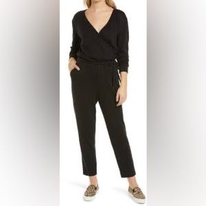 Caslon Surplice Tie Waist Jumpsuit in Black - Long Sleeve Stretch Knit